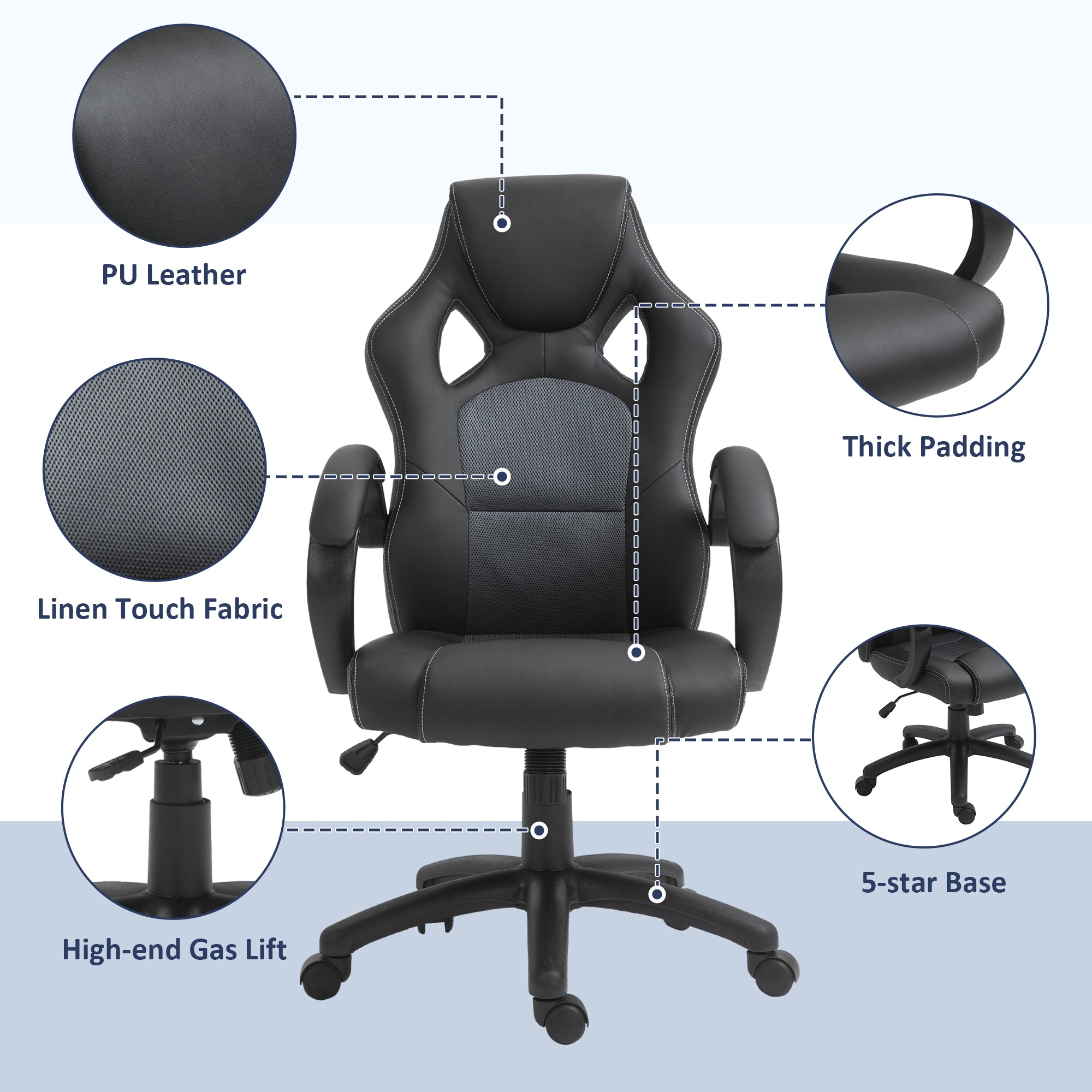 Vinsetto Office Chair Faux Leather Swivel Computer Desk Chair for Home Office with Wheels Armrests Black